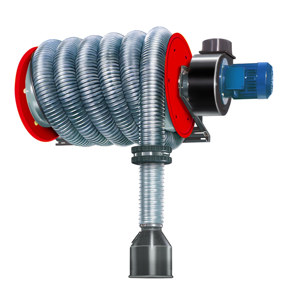 A product shot of the AerService ARHV hose and reel vehicle exhaust extraction system, showing blue fan attached to side of hose reel